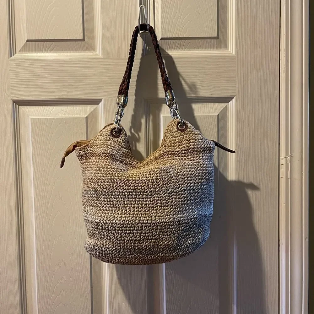 The SAK Crochet Sand,gray &khaki bucket style shoulder bag braided brown straps